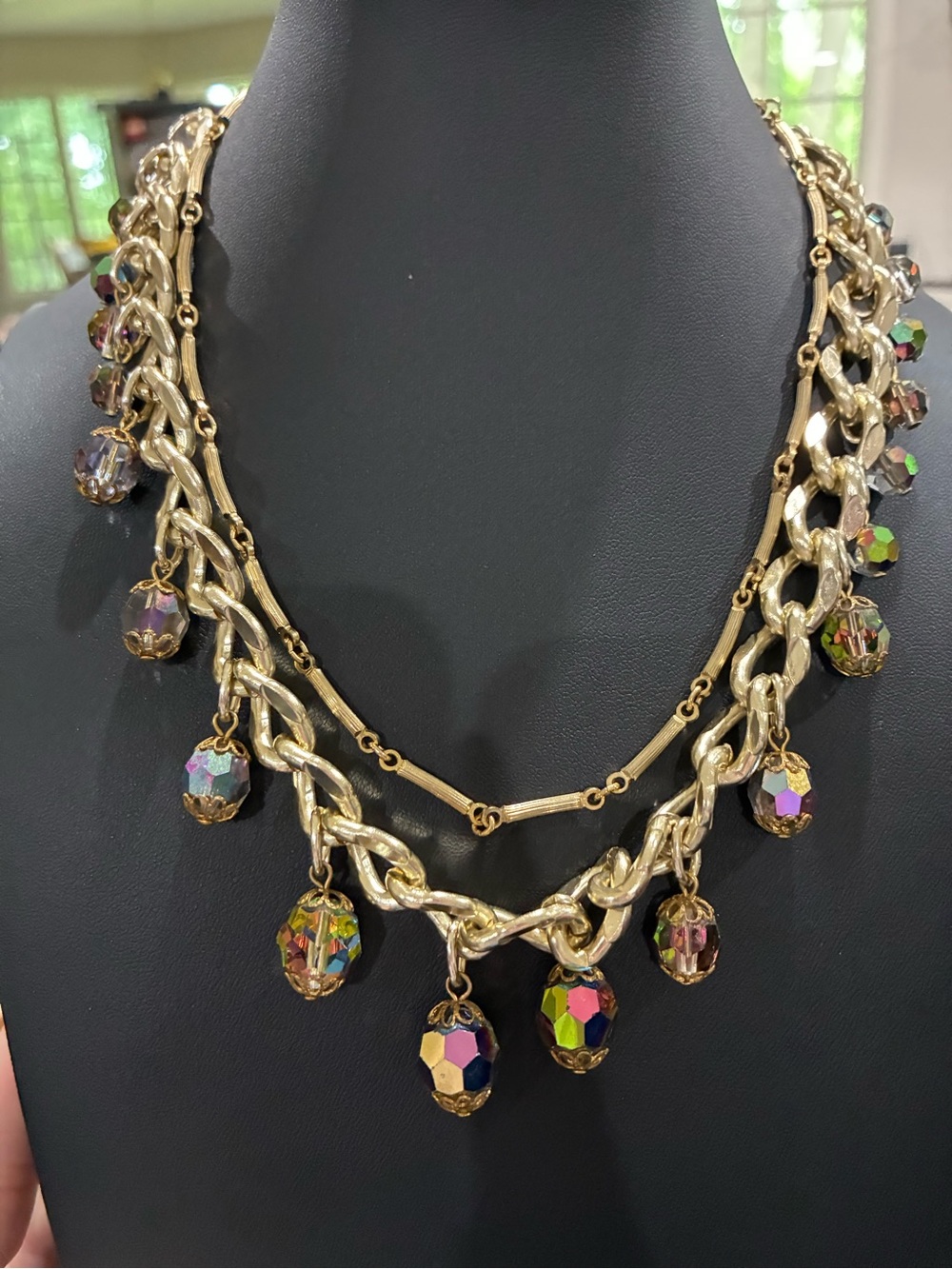Vintage Mid Century Chunky Gold Multi Strand Iridescent AB Necklace